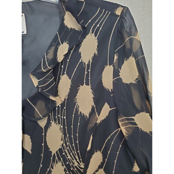 ICE Vintage Silk Black Leaf Print Ruffle Collar Beaded Button-Up Blouse Size M - Picture 5 of 6